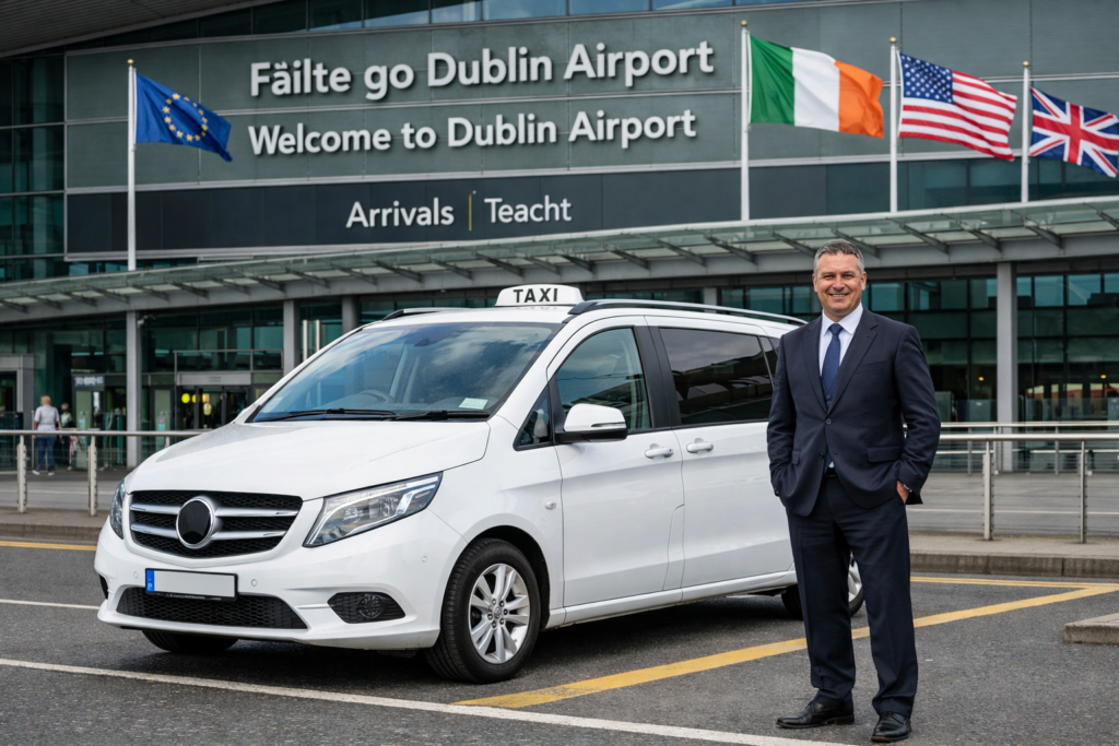 Taxi Dublin Airport driver standing beside vehicle outside arrivals terminal with international flags visible