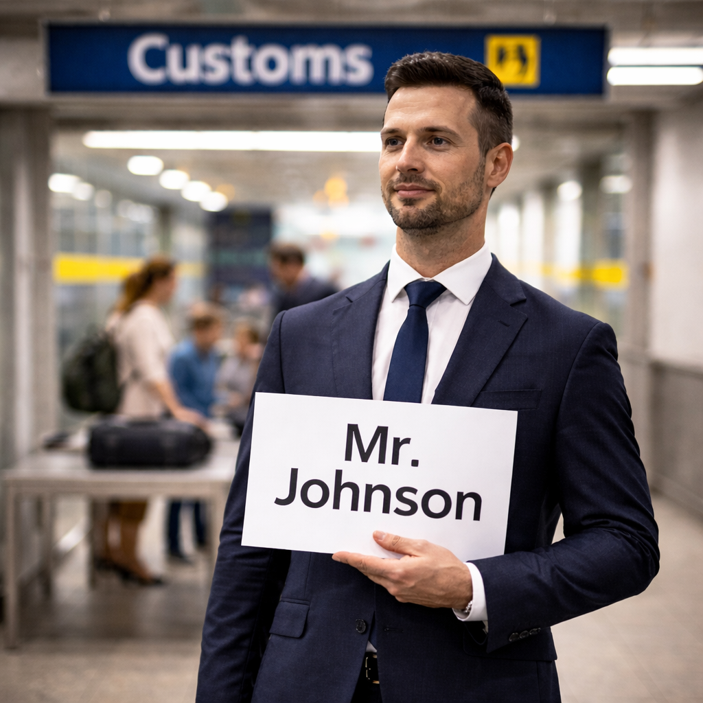 Driver waiting at Dublin Airport customs exit holding name board for meet and greet transfer